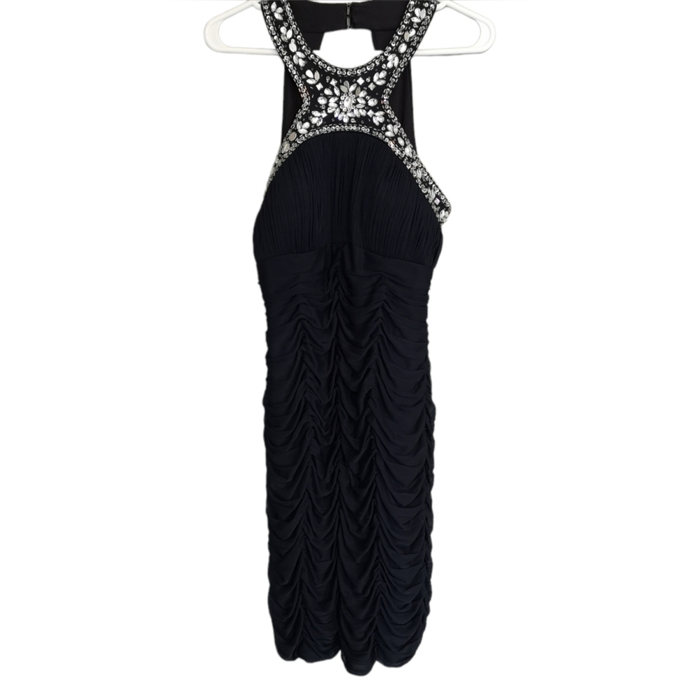 XSCAPE by Joanna Chen Formal Dress With Ruching and Jewl Embelishments Navy 10